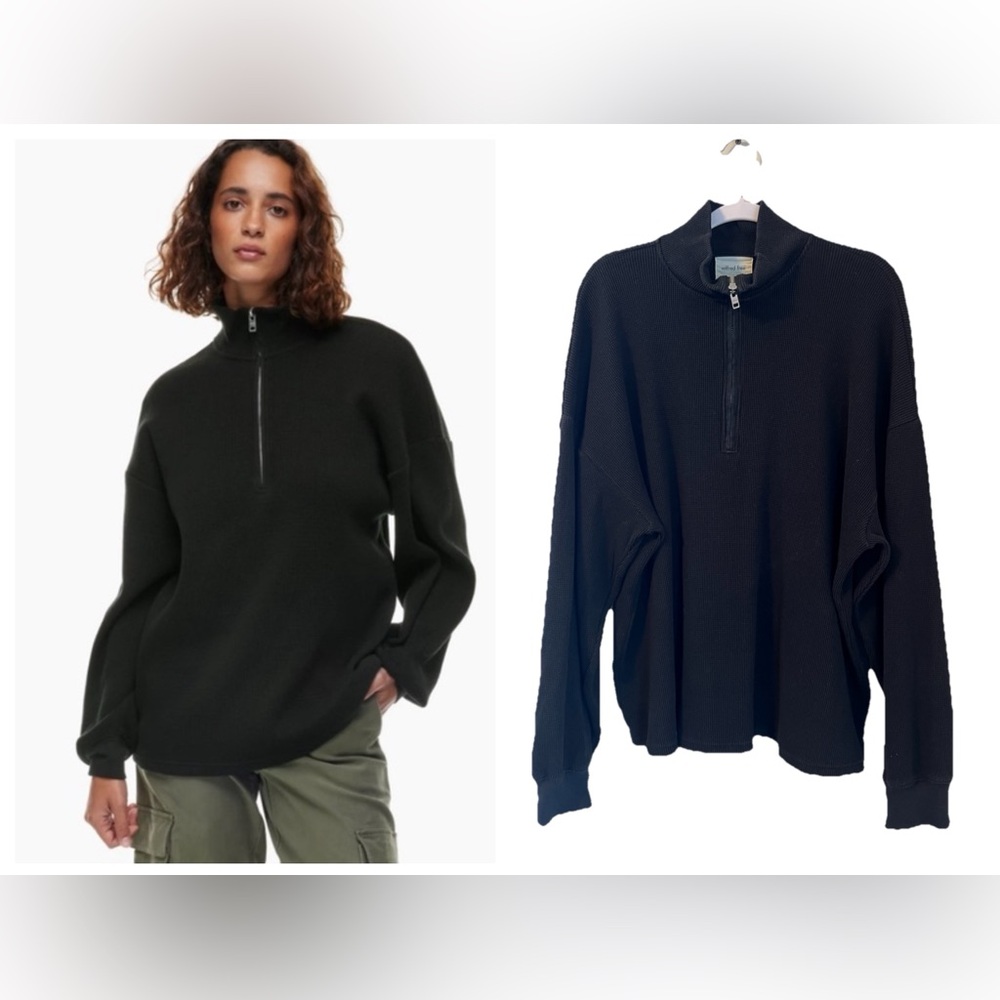 Wilfred Free Waffle Knit 1/4 Zip Pullover Womens L Black Oversized Drop Shoulder
